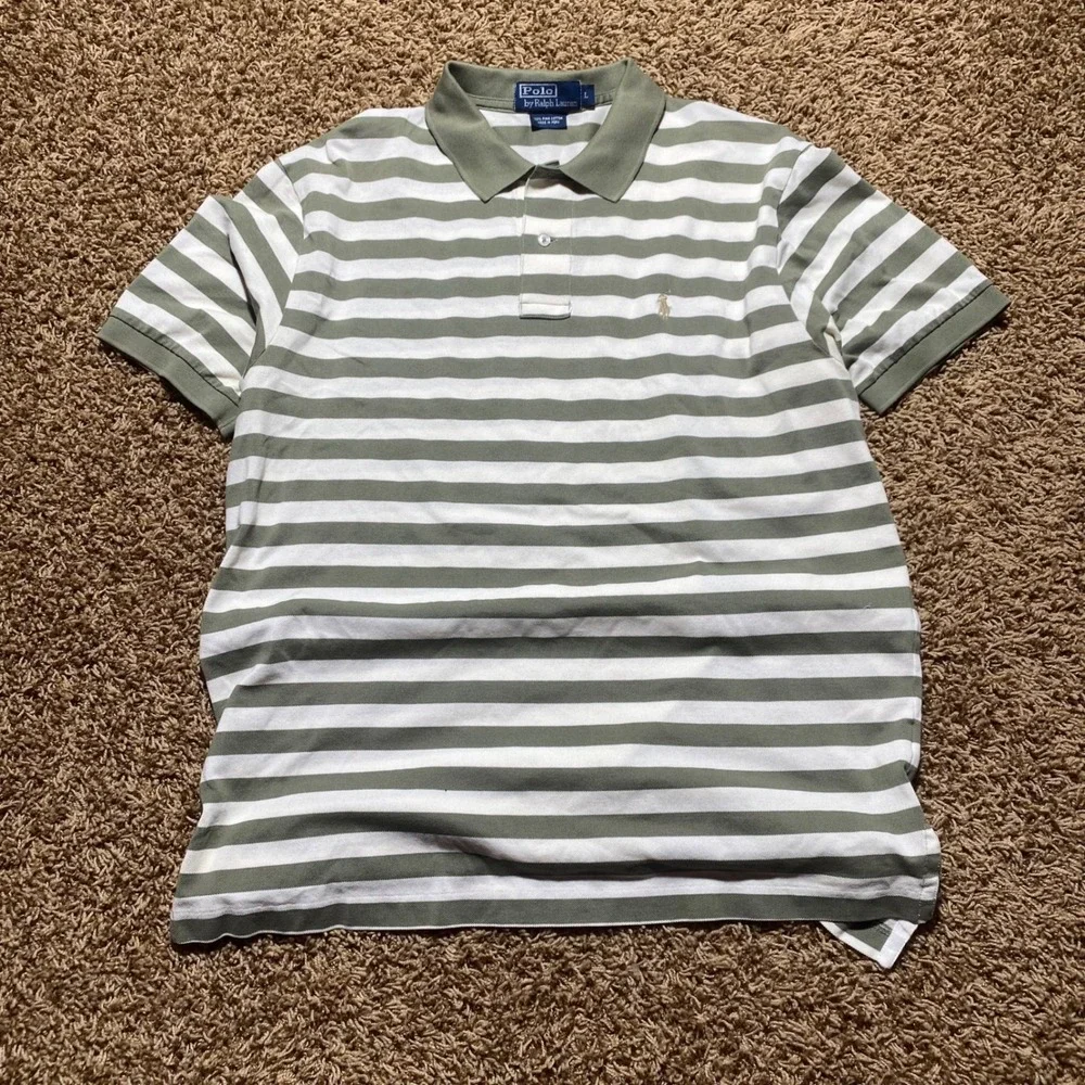 Polo Ralph Lauren Mens Large Pima Cotton Striped Polo Shirt Green White Stripe
